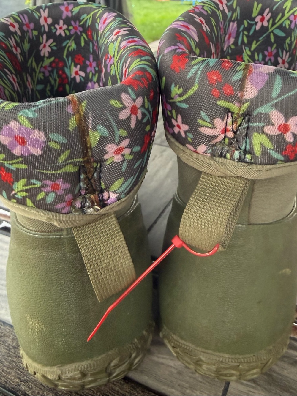 Womens Olive Green Waterproof Ankle Rain Boots with Floral Cuff - Picture 7 of 8